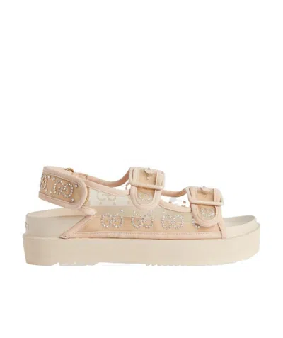 Gucci Crystal-embellished Monogram-pattern Sandals In Nude | ModeSens