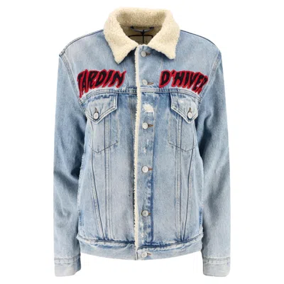 Pre-owned Gucci Crystal Embellished Shearling/denim Jacket In Gray