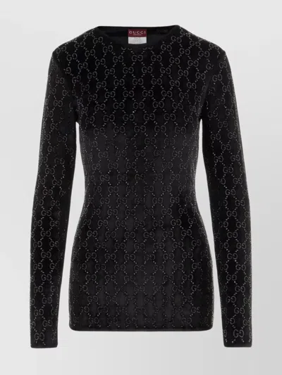 Gucci Crystal Embellished Velvet Long Sleeve Top In Black
