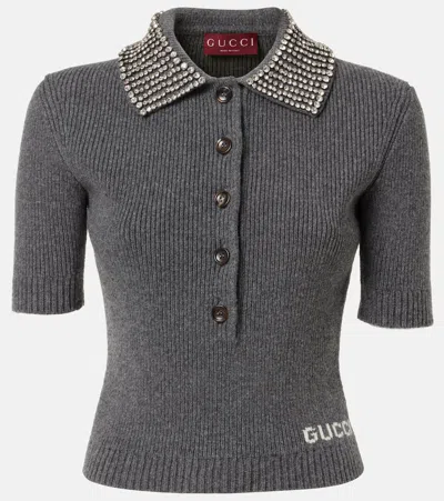 Gucci Crystal-embellished Wool Polo Shirt In Gray