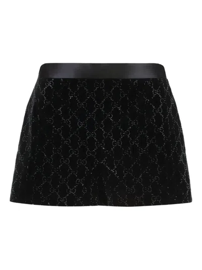 Gucci Crystal-embroidery Velvet Shorts In Black