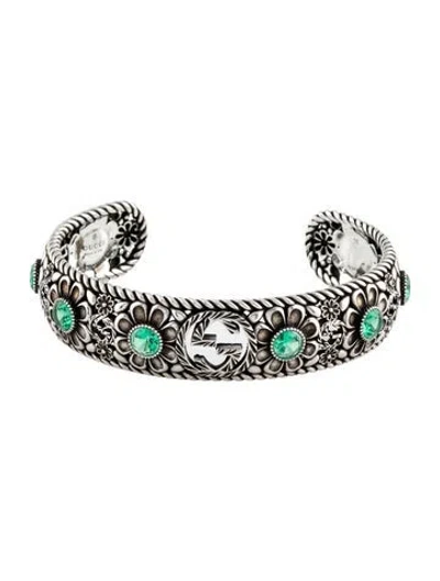 Pre-owned Gucci Crystal Floral Interlocking G Cuff, 6.25" In Multi