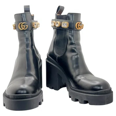 Pre-owned Gucci Crystal Gg Embellished Leather Chelsea Lug Boots Size 37 In Gray