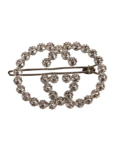 Pre-owned Gucci Crystal Gg Hair Clip In Silver