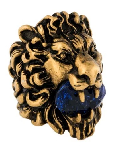 Pre-owned Gucci Crystal Lion Cocktail Ring In Blue