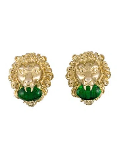 Pre-owned Gucci Crystal Lion Head Clip-on Earrings In Green