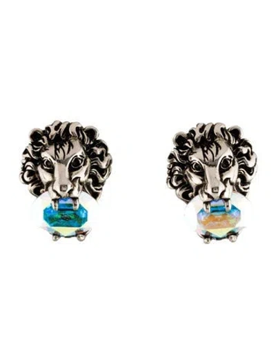 Pre-owned Gucci Crystal Lion Head Clip-on Earrings In Multi