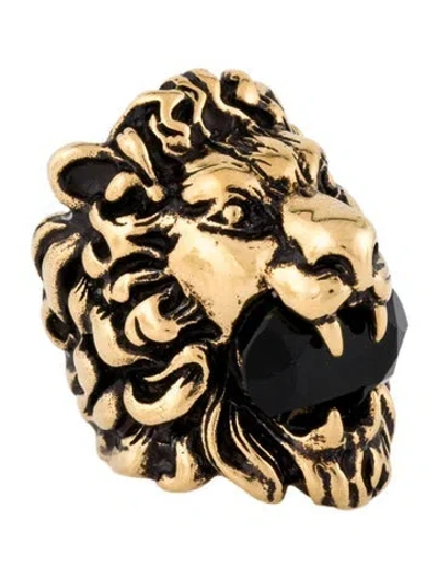 Pre-owned Gucci Crystal Lion Head Cocktail Ring In Black