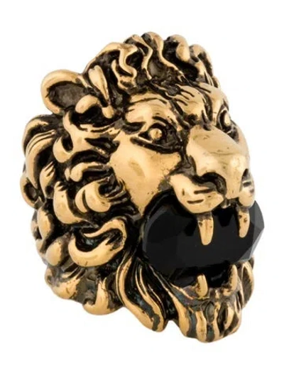 Pre-owned Gucci Crystal Lion Head Cocktail Ring In Black