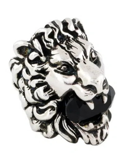 Pre-owned Gucci Crystal Lion Head Cocktail Ring In Black