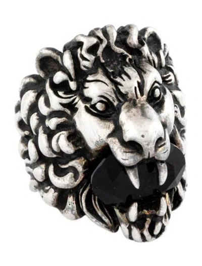 Pre-owned Gucci Crystal Lion Head Cocktail Ring In Black