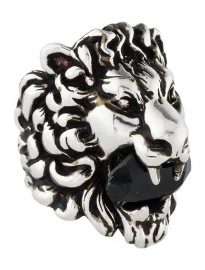 Pre-owned Gucci Crystal Lion Head Ring In Black