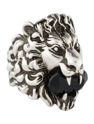 Pre-owned Gucci Crystal Lion Head Ring In Black