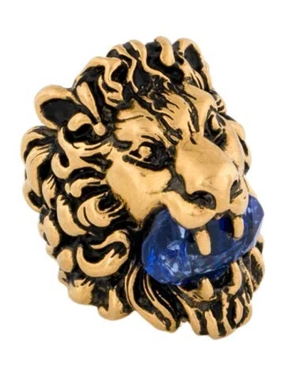 Pre-owned Gucci Crystal Lion Head Ring In Blue