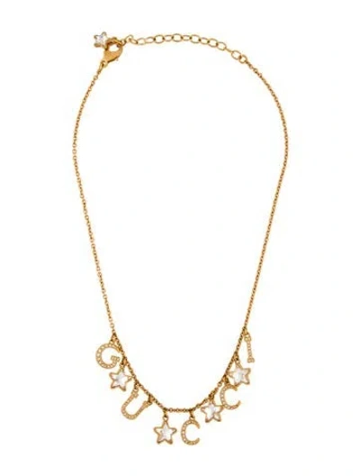 Pre-owned Gucci Crystal Logo Script Star Necklace, 18.25" In Transparent