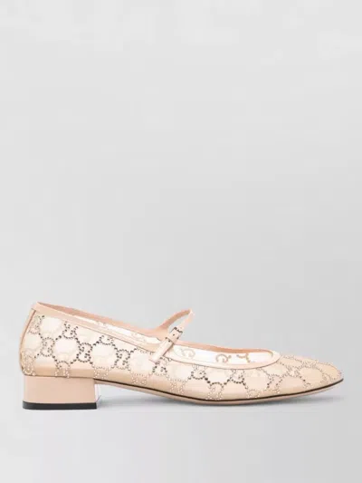 Gucci Crystal Mesh Ballerina Shoes Low Block Heel In Neutral