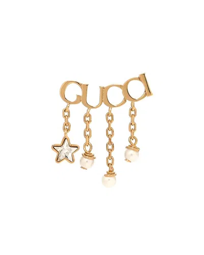 Pre-owned Gucci Crystal Pearl Script Drop Single Earring (authentic Pre-loved) In Gold