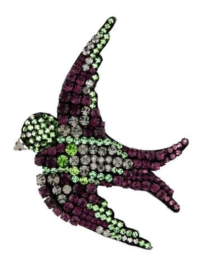 Pre-owned Gucci Crystal, Resin & Fabric Embellished Bird Brooch In Black/clear/green