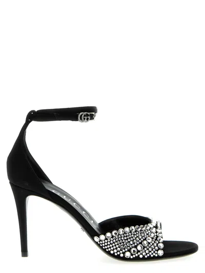 Gucci Crystal Satin Sandals In Black