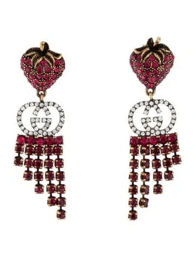 Pre-owned Gucci Crystal Strawberry Drop Earrings In Clear/pink
