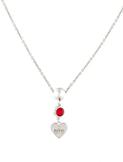 Pre-owned Gucci Crystal Trademark Heart Pendant Necklace, 16" In Red