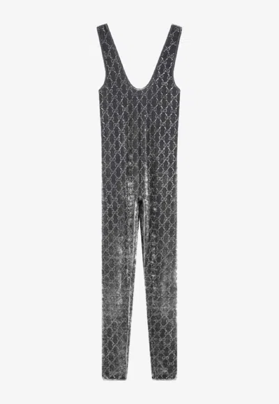 Gucci Crystal Velvet Jumpsuit In Gray