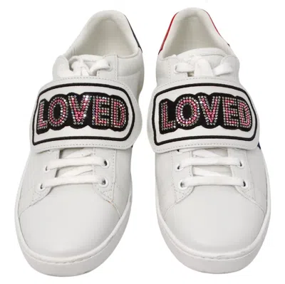 Pre-owned Gucci Crystal Web "loved" White Calfskin Leather Sneakers
