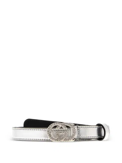 Gucci Silver Embellished Logo Buckle Textured Belt