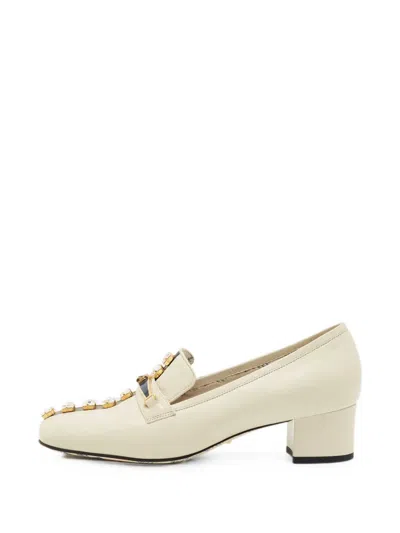 Pre-owned Gucci Crystal-embellished Block-heel Loafer Pumps In White