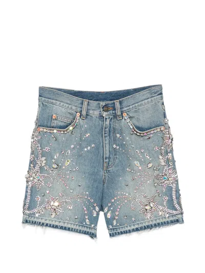 Gucci Crystal-embellished Frayed-edge Shorts In Blue