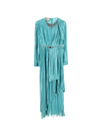 Pre-owned Gucci Crystal-embellished Pleated Dress In Blue