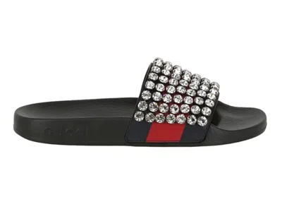 Pre-owned Gucci Crystalembellished Web Slide (women's) Sneakers In Black/blue/red In Multi