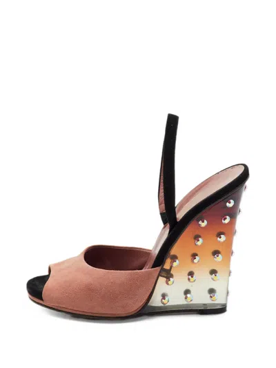 Pre-owned Gucci Crystal-embellished Wedge Slingback Sandals In Pink