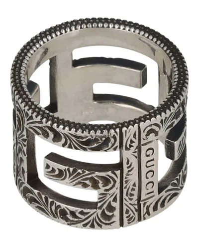 Pre-owned Gucci Cubed G Motif Logo Ring In Silver