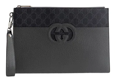 Pre-owned Gucci Cut Out Gg Pouch Gg Supreme In Grey/black In Multi