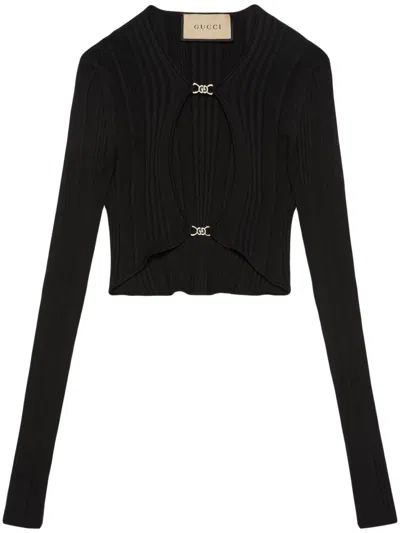 Gucci Womens Black Cut-out Cropped Knitted Top