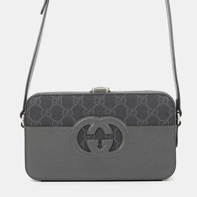 Pre-owned Gucci Cutout Interlocking G Shoulder Bag Gray/black Gg Supreme Leather