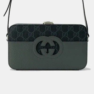 Pre-owned Gucci Cutout Interlocking G Shoulder Bag Gray/black Gg Supremecanvas Leather