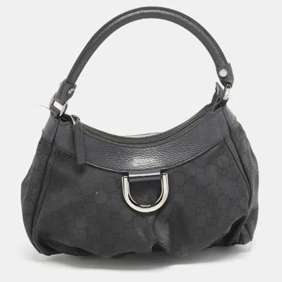 Pre-owned Gucci D Ring Black Gg Nylon And Leather Shoulder Bag
