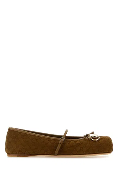 Gucci Suede Ballerinas With Metal Monogram Detail In Brown