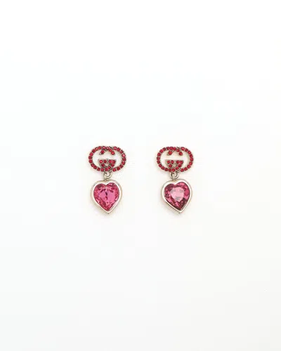 Gucci Dangling Rhinestone Heart Earrings In Red