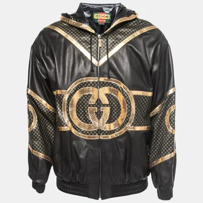 Pre-owned Gucci Dapper Dan Black & Gold Leather Logoed Hooded Jacket M