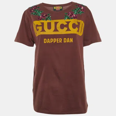 Pre-owned Gucci Dapper Dan Brown Logo Print Jersey Sequin T-shirt Xs