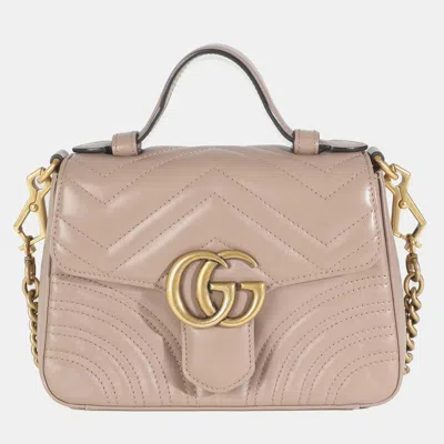 Pre-owned Gucci Dark Beige Chevron Matelasse Calfskin Mini Gg Marmont Top Handle Bag In Sand