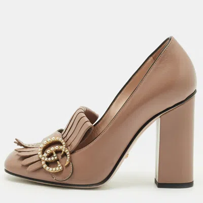 Pre-owned Gucci Dark Beige Leather Gg Marmont Fringe Pumps Size 36.5 In Sand