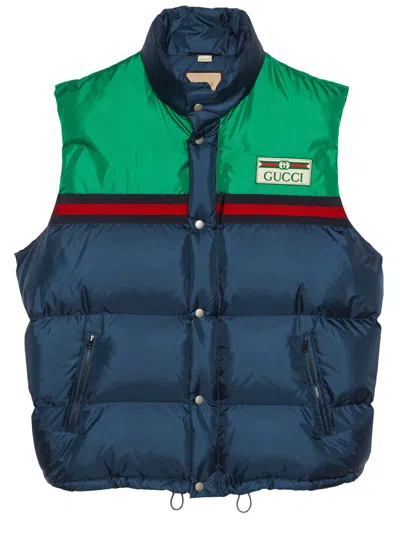 GUCCI DARK BLUE AND GREEN NYLON PADDED VEST WITH VINTAGE LOGO AND WEB DETAIL FOR MEN