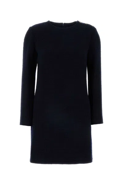 Gucci Dark Blue Checked Boucle Wool Dress In Black