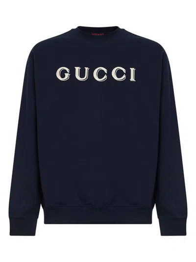 Gucci Men Dark Blue Cotton Jersey Embroidered Sweatshirt In Black