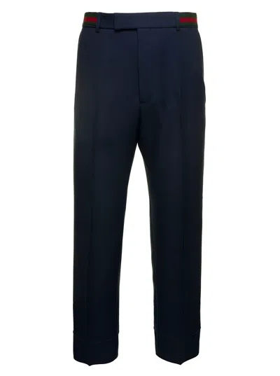 Gucci Dark Blue Pants With Web Detail In Fluid Drill Man In Multicolor