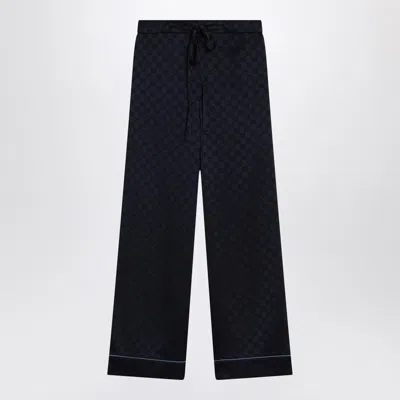 Gucci Dark Blue Satin Trousers With Gg Detail Women